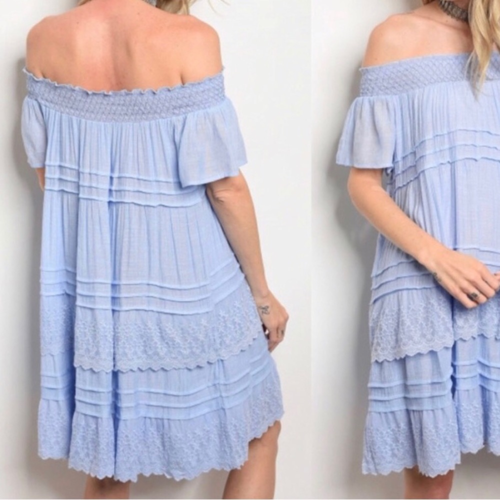 (WHITE) Flutter and Lace Off Shoulder Dress - Picture 4 of 4